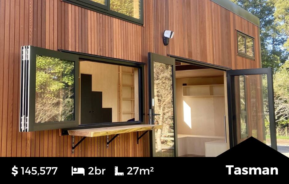 The Tasman Tiny Home by Fox Cabins. In Timberline Nordic Pine and Ebony Black Colorsteel Cladding.