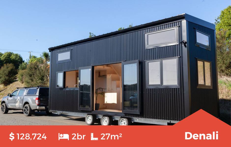 The Denali Tiny Home by Fox Cabins, Raglan. Two Bedroom Mezzanines, Full Kitchen and Bathroom. Ebony Black Colorsteel Cladding.