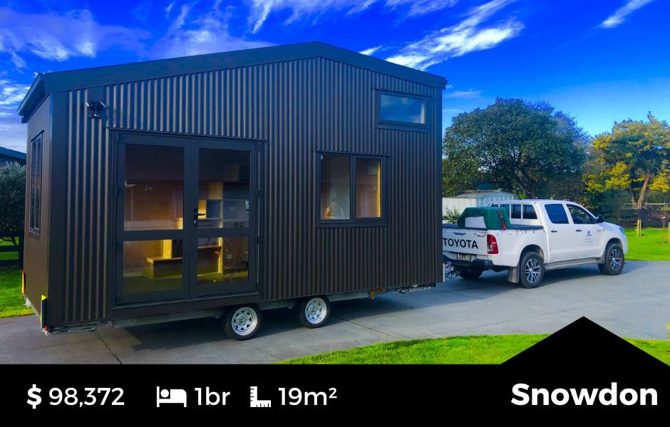 The Snowdon Tiny Home by Fox Cabins. Ideal for an Airbnb or couples. In Ebony Black Colorsteel Cladding.