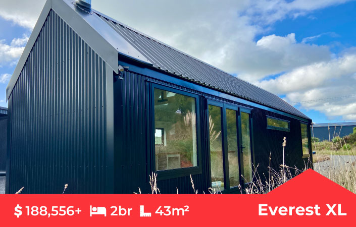 The Everest XL Tiny Home by Fox Cabins. Ideal for a larger Airbnb or family living. In Ebony Black Colorsteel Cladding.